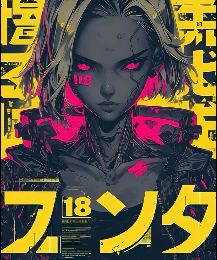 Cyberpunk-Kriegerin mit neonpinken Augen und gelben japanischen Schriftzeichen — Referenz
