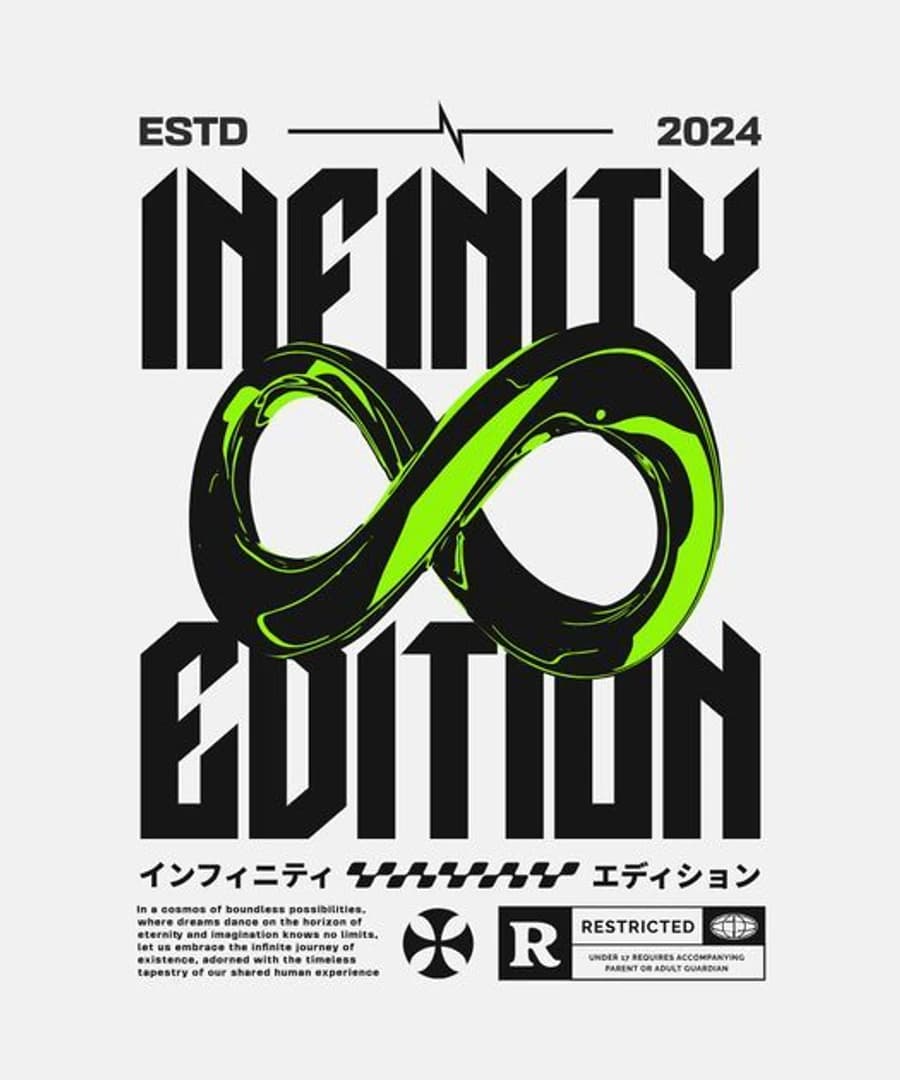Schwarz-grünes Infinity-Edition-Motiv mit metallischer Typografie und Unendlichkeitszeichen — Referenz