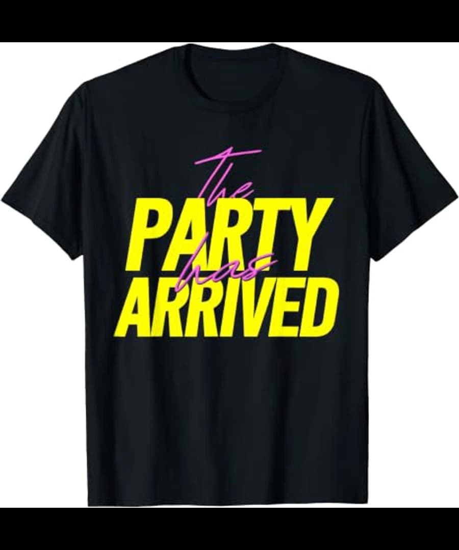 Neon-Typografie „The Party Has Arrived“ mit Palmen, Discokugel und Retro-Sonne — Referenz